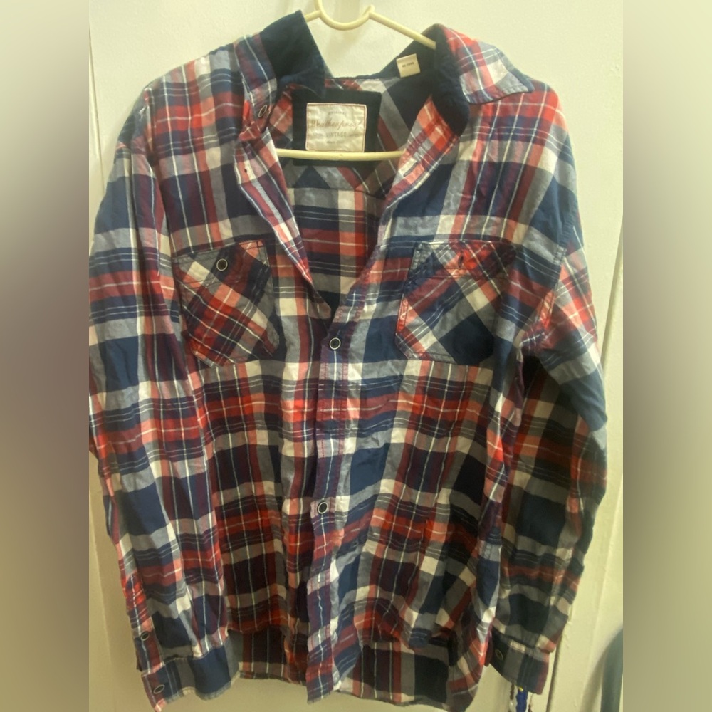 Men's Plaid Casual Button Down Shirt Red and Blue Corduroy lined collar size LG